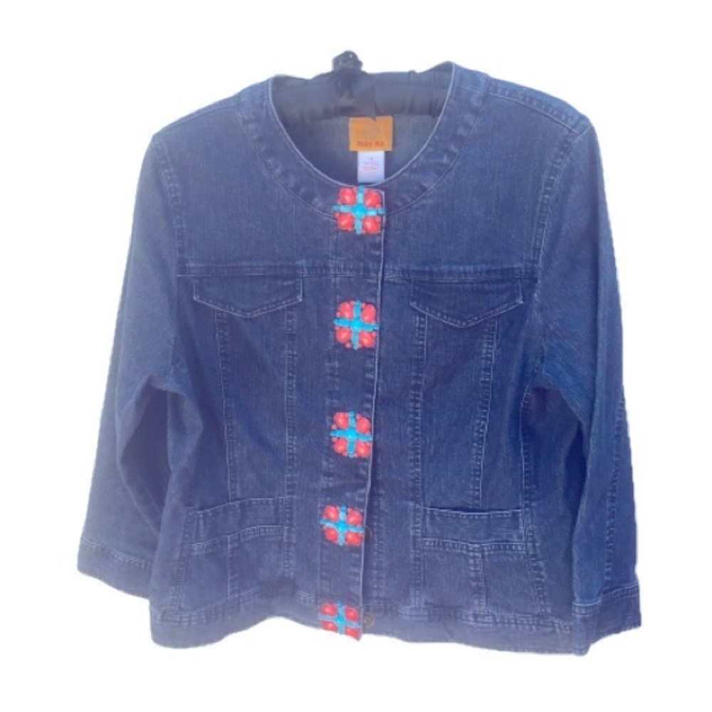 Ruby Rd. Denim Jacket 3/4 Sleeve Turquoise & Orange Beaded Snap Closures EUC
